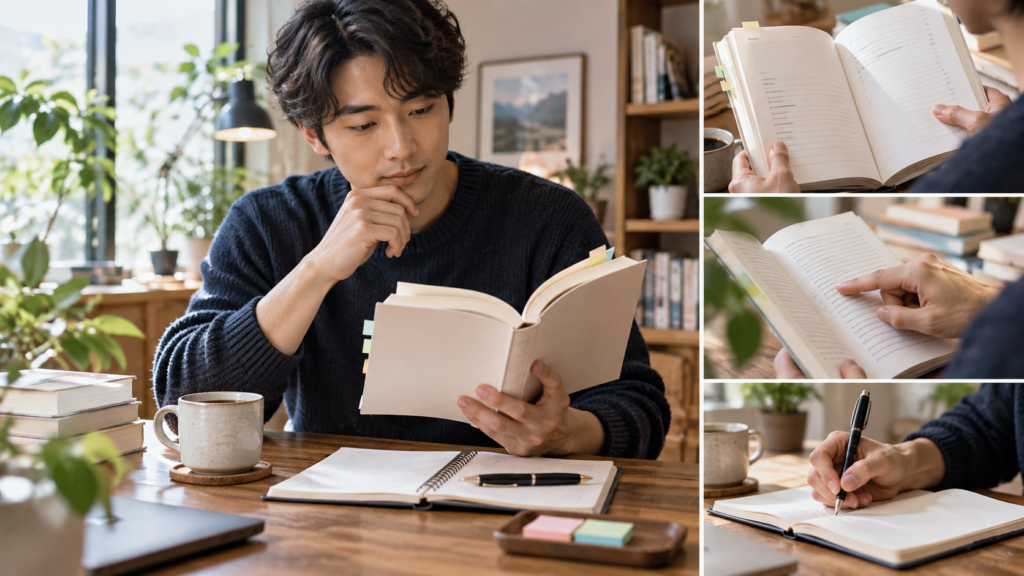 付箋と読書メモを使い大切な部分を精読する日本人男性