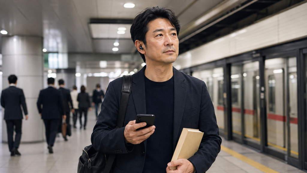 通勤中にAudibleでながら読書をする40代の日本人男性
