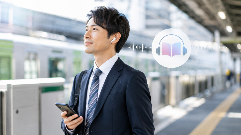 通勤中にイヤホンで聞く読書を楽しむ日本人会社員