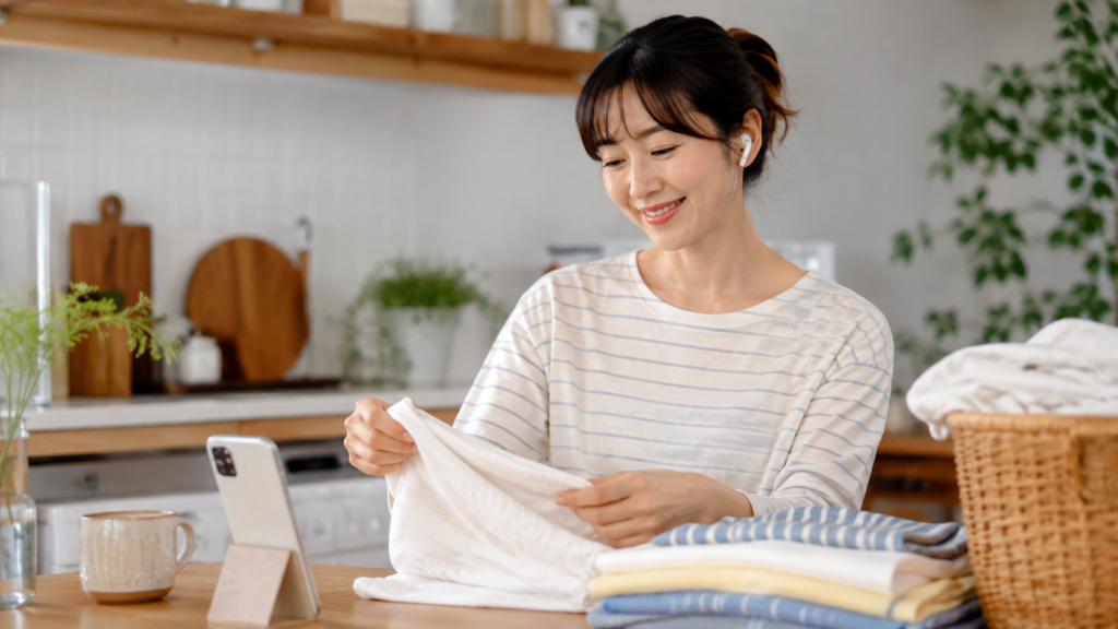家事をしながらイヤホンで聞く読書を楽しむ日本人女性