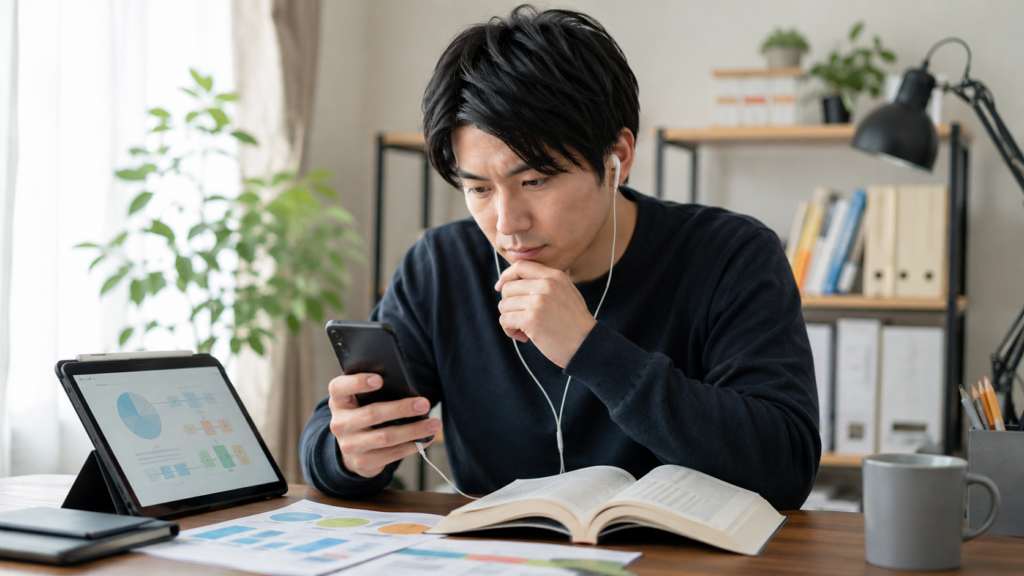 聞く読書と紙の本や図表を併用して学習する日本人男性