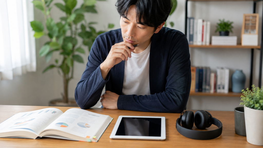 図表のある本を確認し音声読書との使い分けをする日本人男性