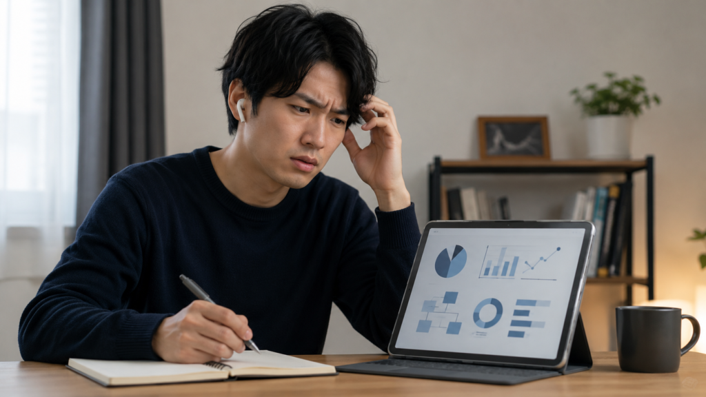 図表を確認しながら聞く読書の難しさを感じる日本人男性
