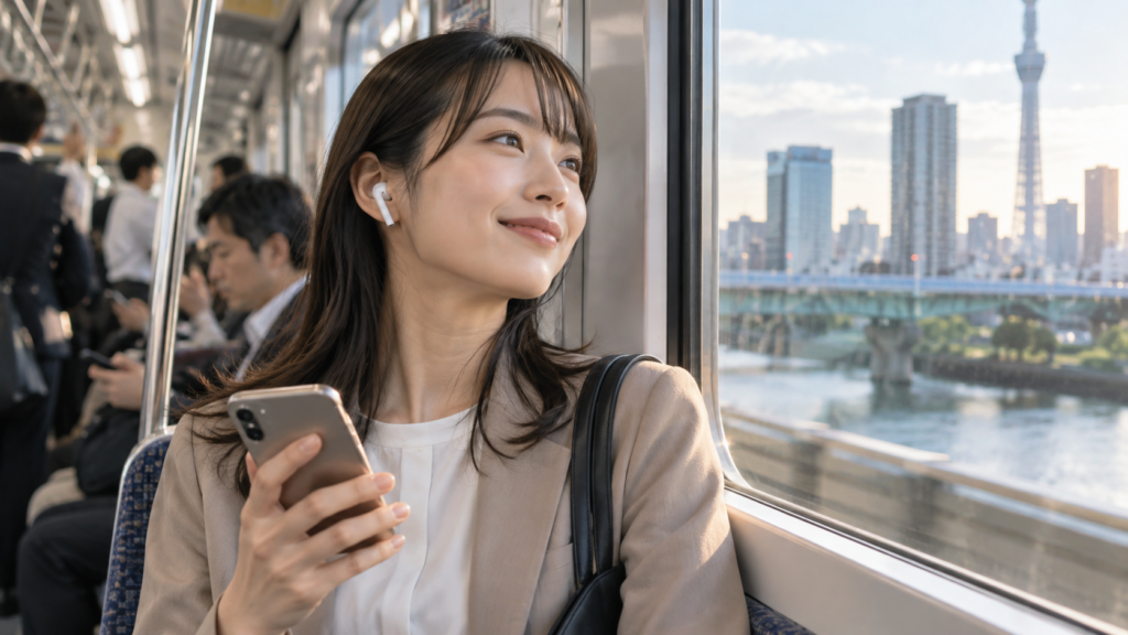 通勤電車でオーディオブックを聴く日本人女性
