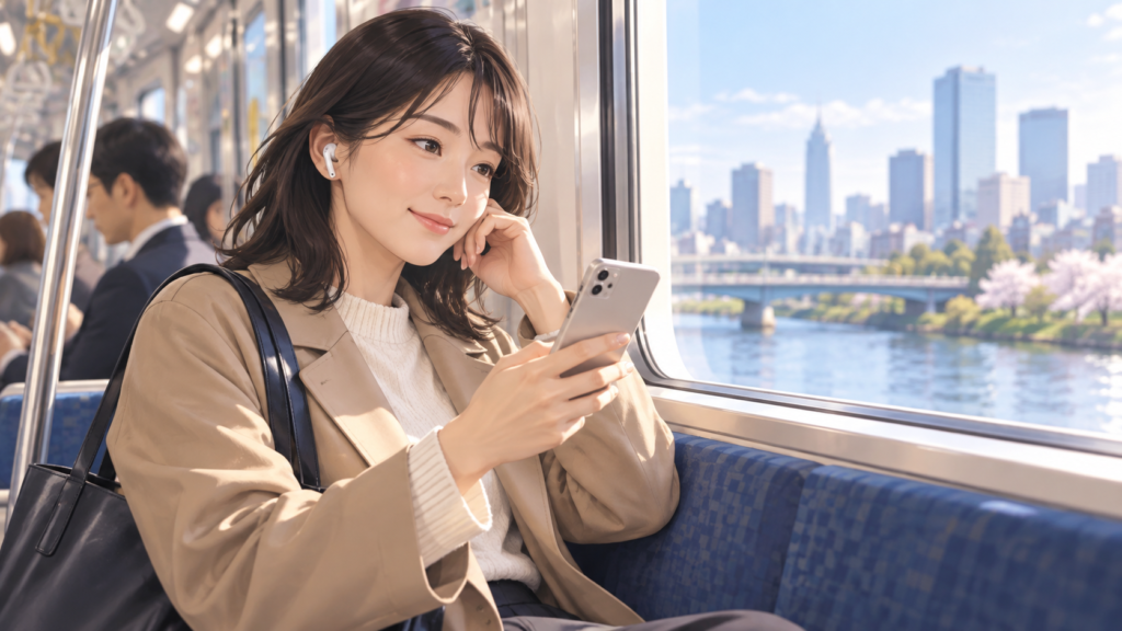 通勤電車でスマートフォンとイヤホンを使い音声読書を楽しむ日本人女性