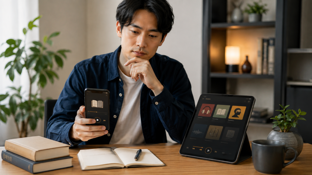 スマートフォンとタブレットで聞く読書サービスを比較する日本人男性