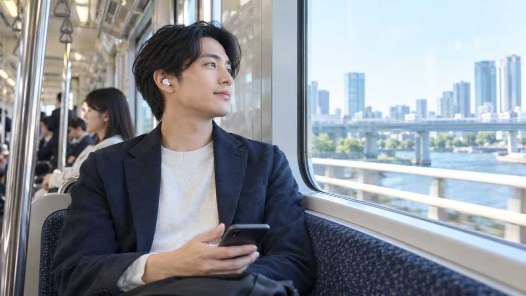 通勤電車でイヤホンを使い音声読書を楽しむ日本人男性
