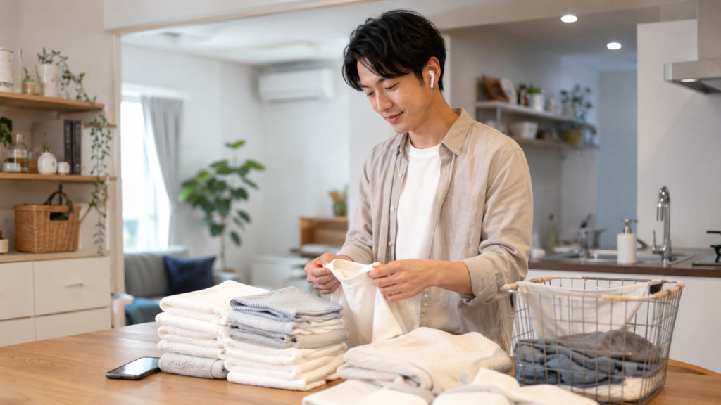 家事をしながらオーディオブックでながら読書をする日本人男性