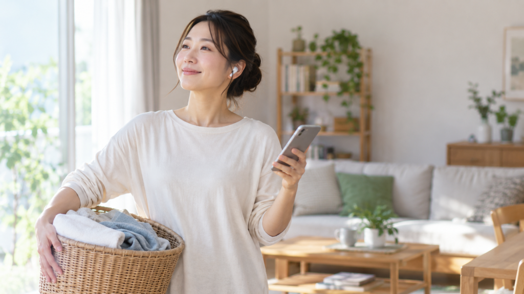 家事をしながらオーディオブックを聴く日本人女性