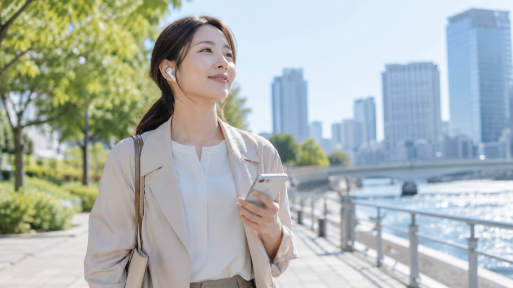 散歩しながらオーディオブックを聴く日本人女性