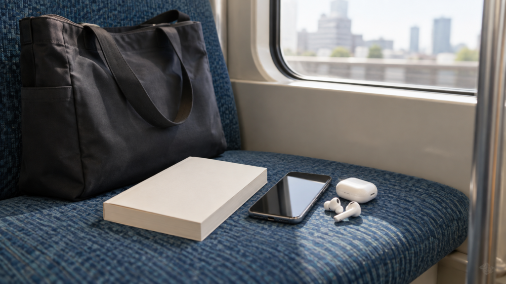 電車の座席に並ぶ紙の本とスマホとイヤホンの読書アイテム