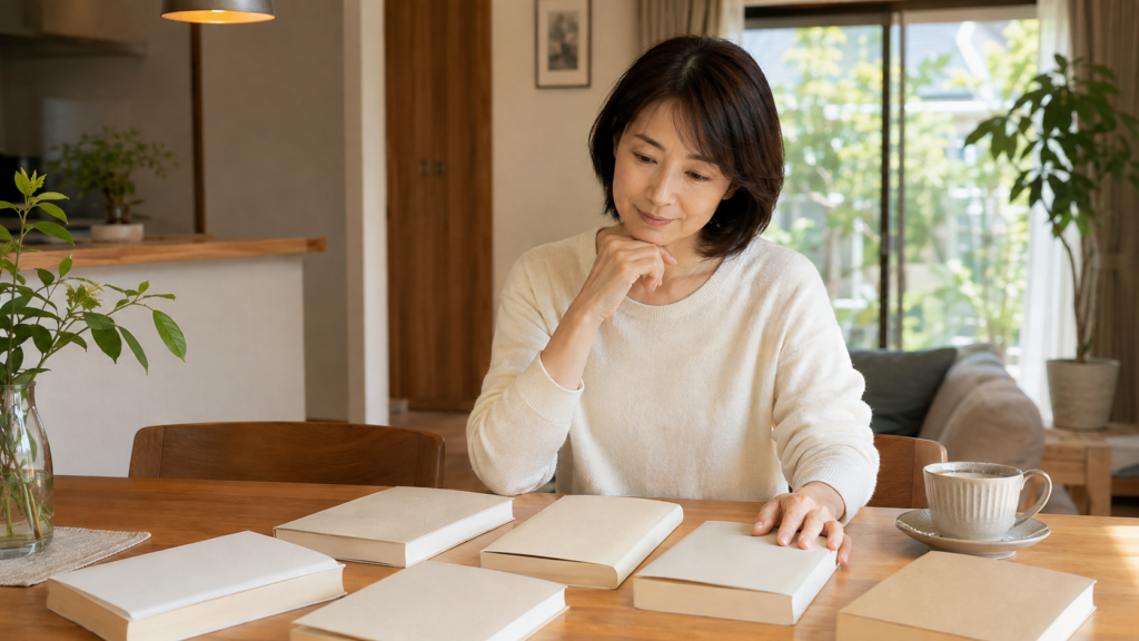 40代女性が人生を見直すために読む本を選んでいる様子