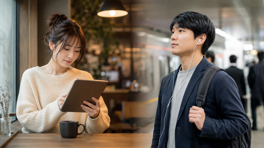 電子書籍を読む女性と通勤中にオーディオブックを聴く日本人男性