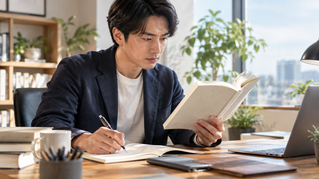 本を読みながらノートにメモする日本人男性