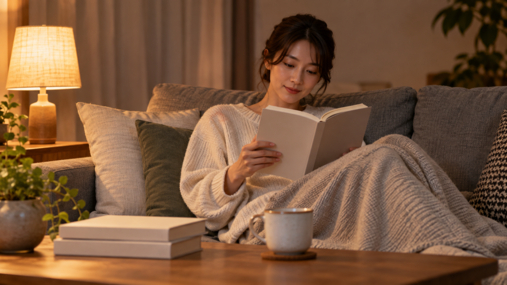 夜のリビングで本を読み読書習慣を楽しむ日本人女性