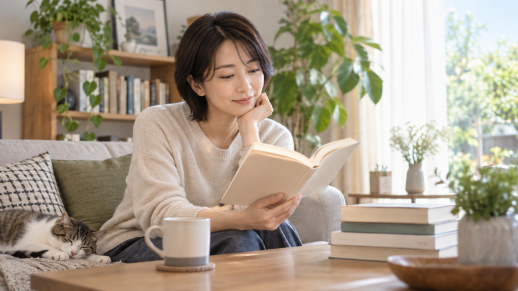 自宅で本を読む日本人女性の読書習慣