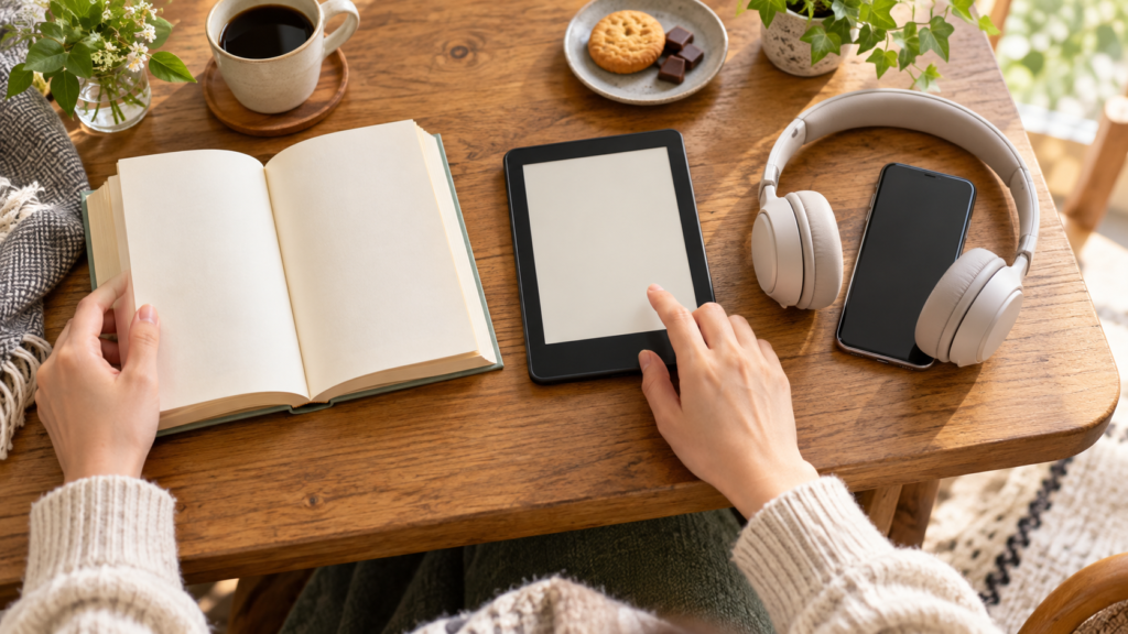 紙の本と電子書籍と音声読書を用途に応じて使い分けるイメージ