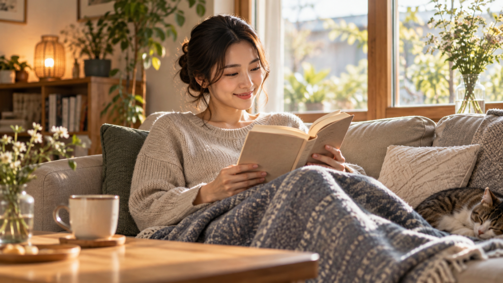 自宅のソファで読書を楽しむ日本人女性