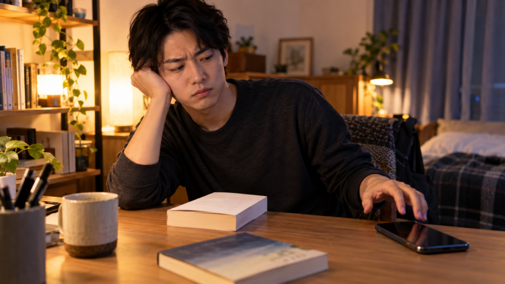 読書中にスマホが気になり集中できない日本人男性