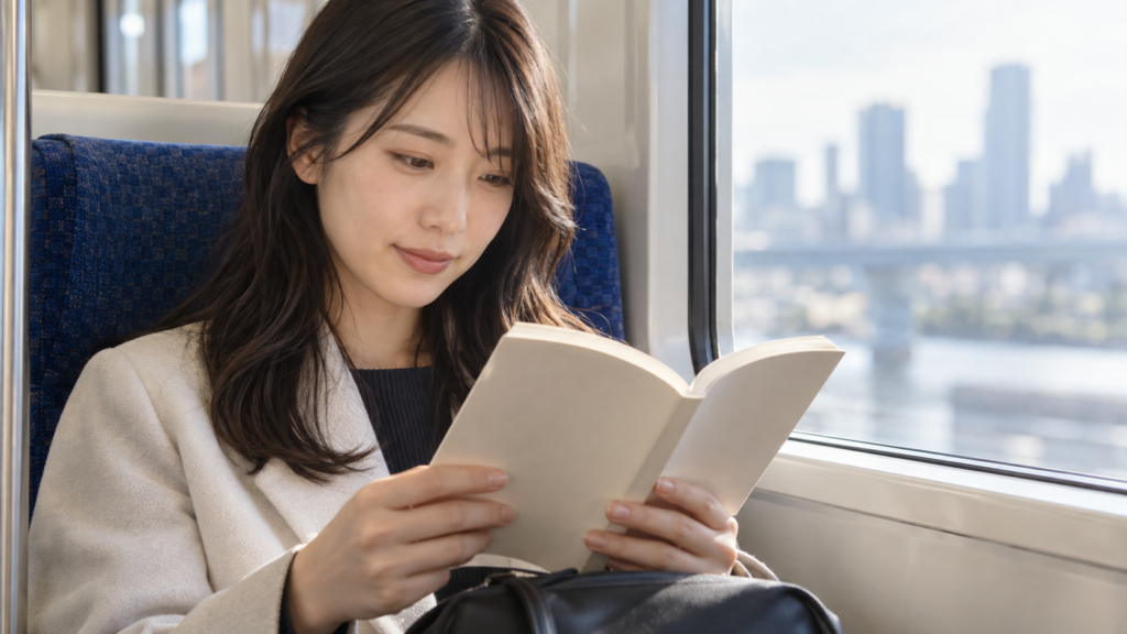 通勤電車で本を読み読書習慣を続ける日本人女性