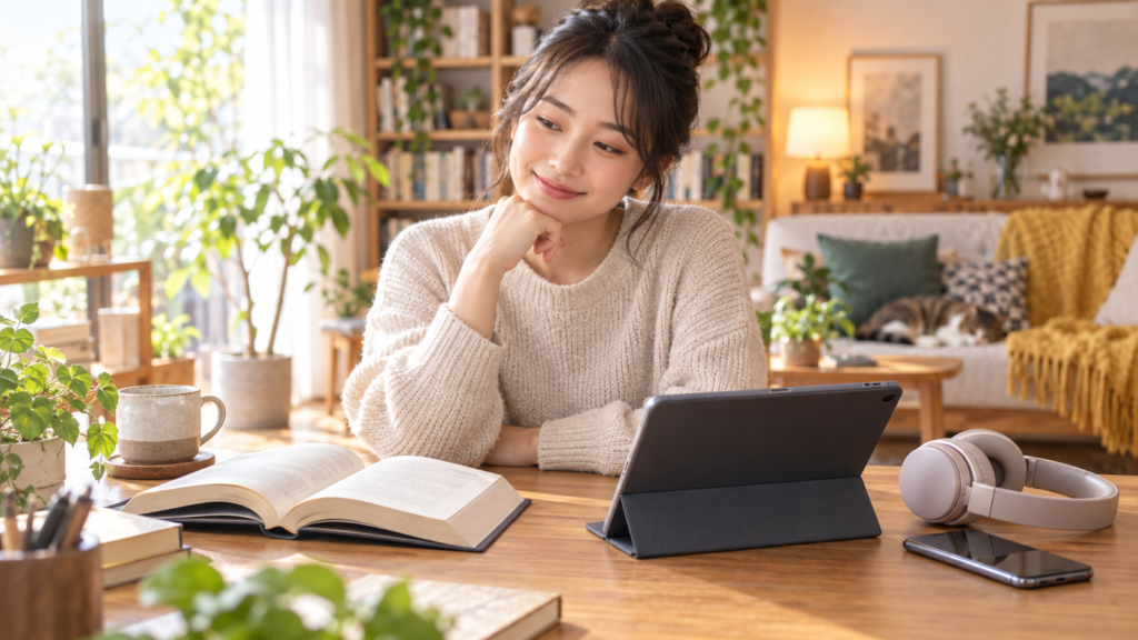 紙の本や電子書籍、音声読書から自分に合う読書方法を選ぶ女性