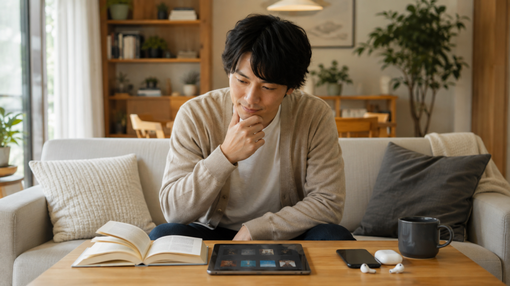 紙・電子書籍・音声から自分に合う読書サブスクを考える日本人男性