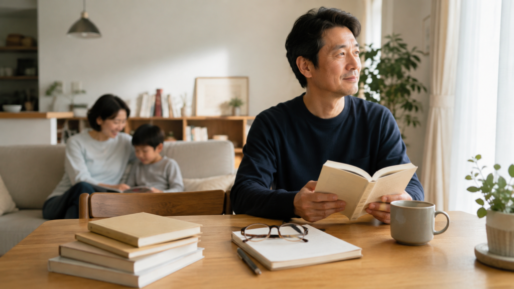 家族との時間を大切にしながら本を読む40代の日本人男性