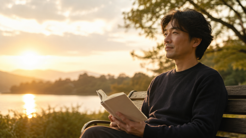 40代男性が読書をしながら人生後半の生き方を考える様子