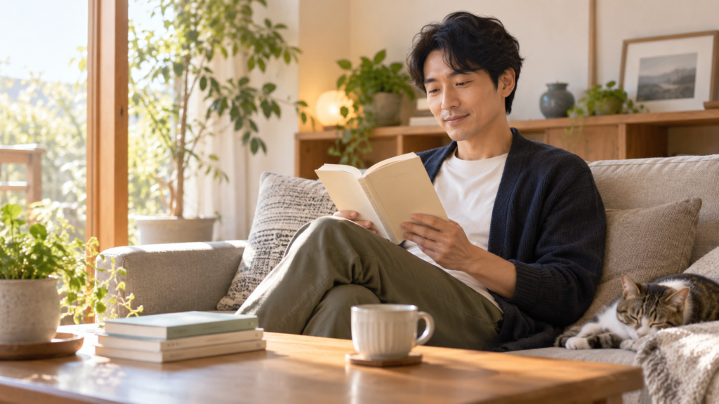 自宅のソファで気楽に読書を楽しむ日本人男性