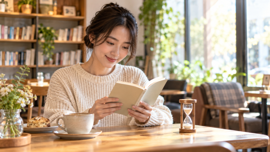 カフェで短時間から読書に集中する日本人女性