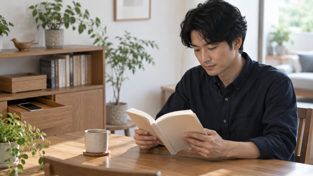 スマホを引き出しに置いて読書に集中する日本人男性