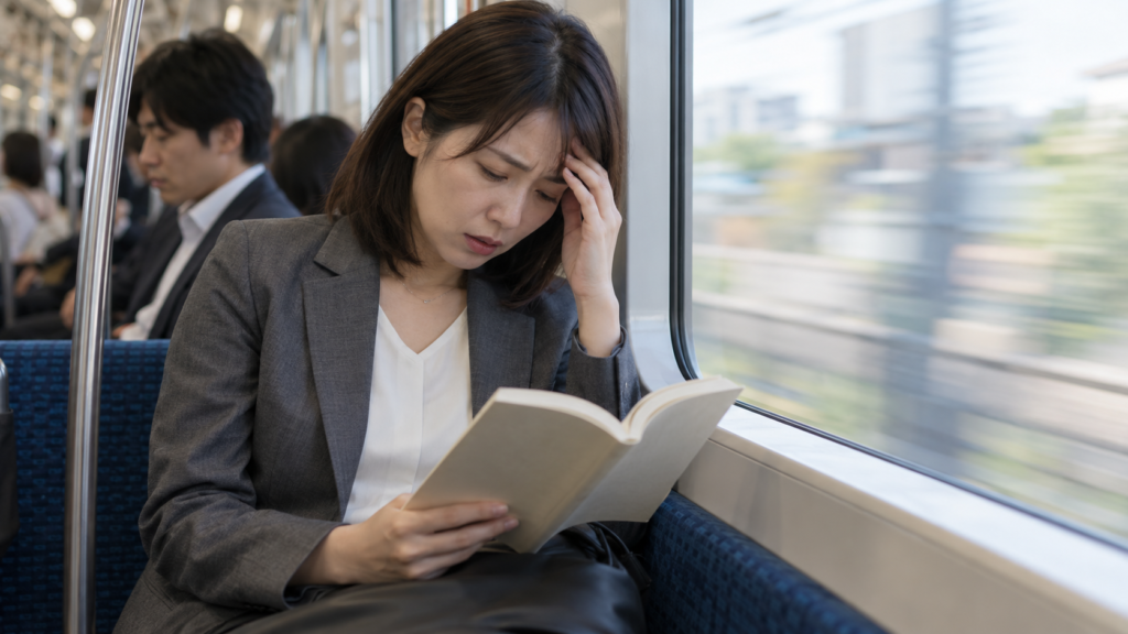 電車で読書中に乗り物酔いを感じて本を休む日本人女性