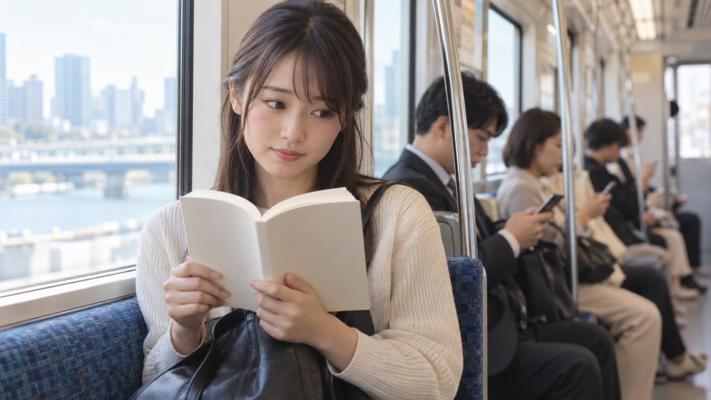 電車の窓際で周囲に配慮しながら本を読む日本人女性
